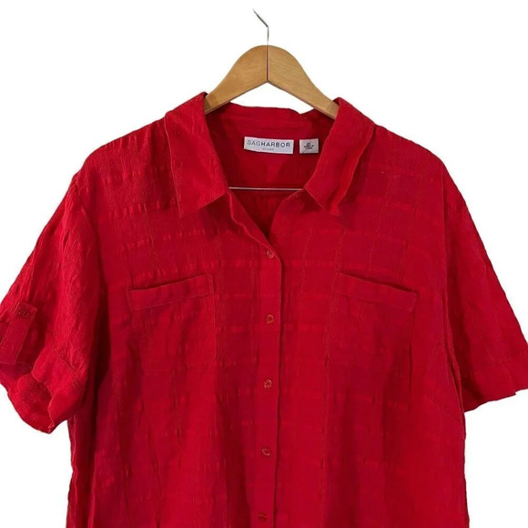 Sag Harbor NEW Red Button Up Shirt Plus 2X Stitching Details Front Pocket Thin - Picture 4 of 6